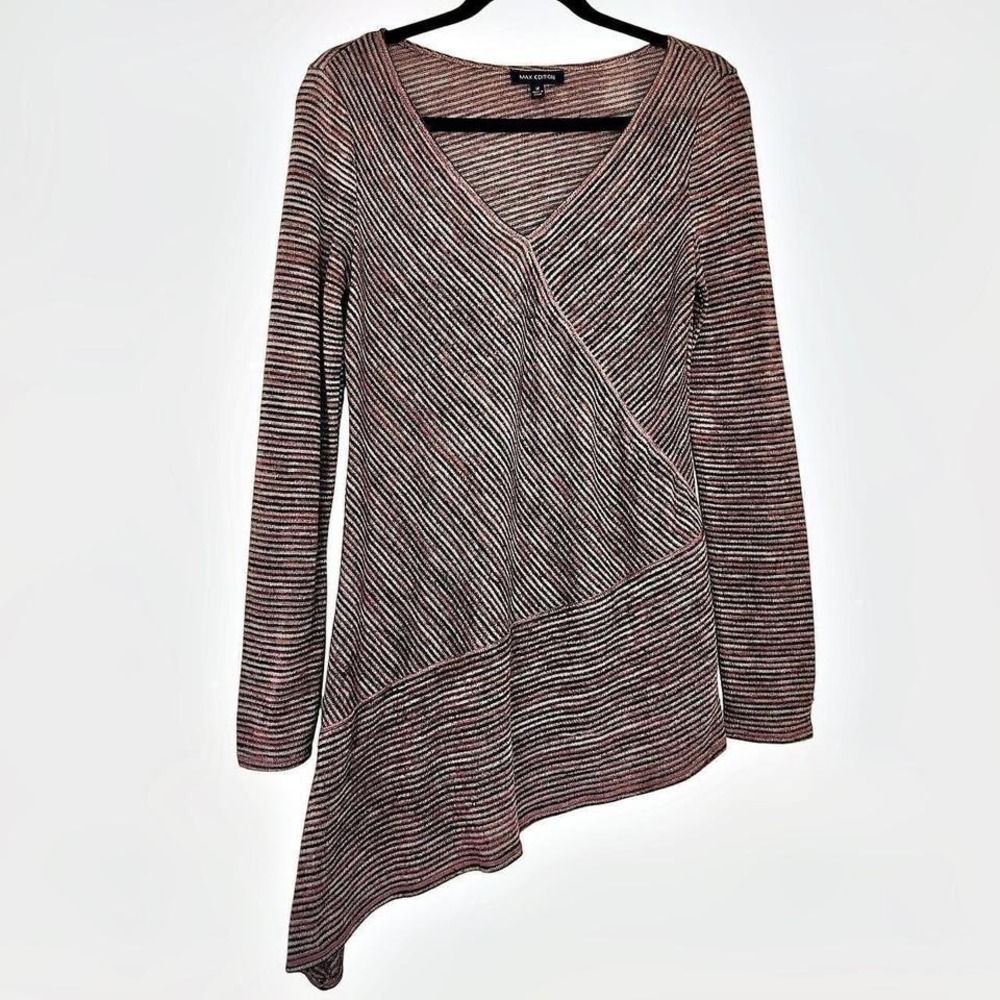 Max Edition Asymmetrical Striped Long Knit Top Dress V-neck Boho  Pink Brown M